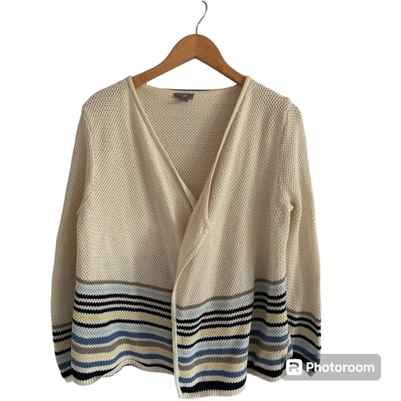 J. Jill Open Drape Knit Cardigan Cream/Multicolor Stripes Sweater EUC, L Petite - Picture 1 of 11